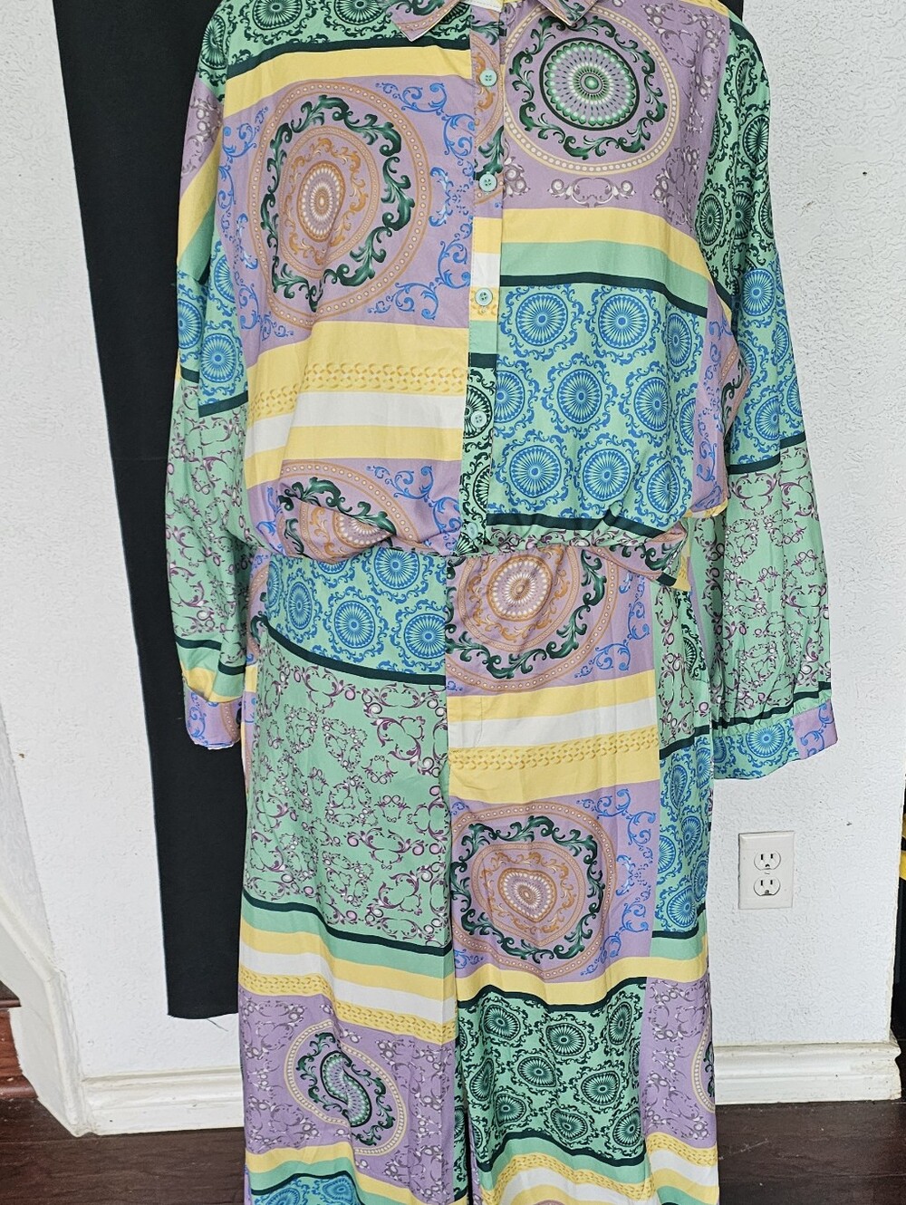 Patchwork Medallion Print Button-Front Dress in Pastel Mix
